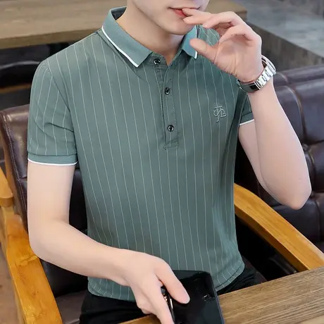 2023夏季新款保罗polo衫冰丝短袖t恤冰感高端棉感翻领竖条纹男士商品大图