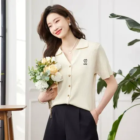 时尚气质短袖针织衫2023年夏季新款淑女温柔POLO领宽松显瘦上衣商品大图