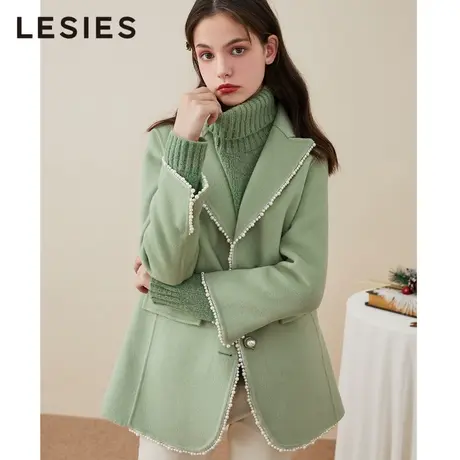 蓝色倾情秋冬季女装 两色羊毛珍珠花边双面呢大衣女西装外套图片