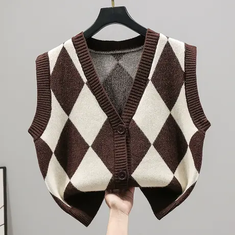 复古菱形格针织马甲背心开衫春秋外搭女毛衣冬外穿宽松V领设计感商品大图