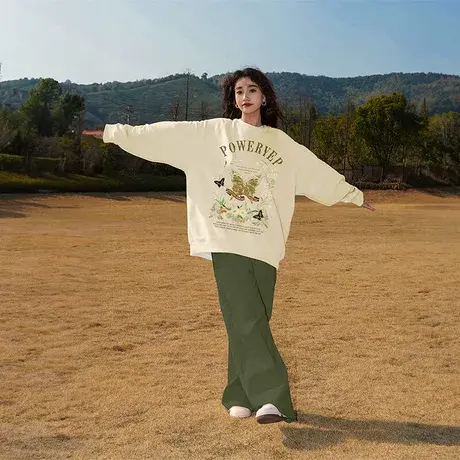YEP美式卫衣女oversize圆领美式复古蝴蝶无帽上衣外套情侣装加绒图片