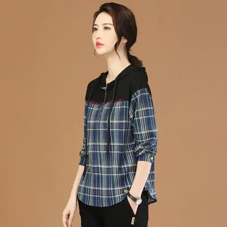韩潮袭人连帽格子长袖衬衫女2024春季新款设计感小众刺绣拼接衬衣图片