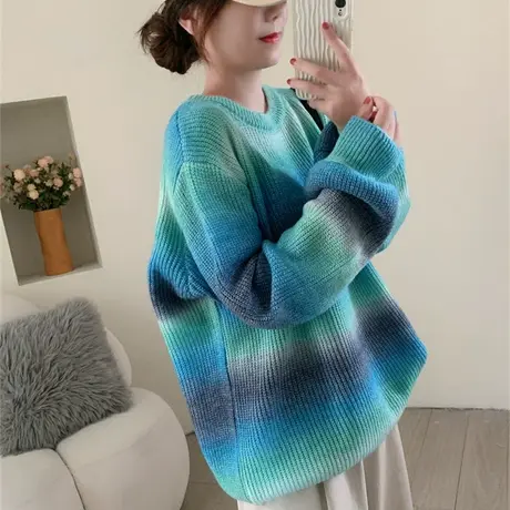 条纹渐变套头圆领毛衣女秋冬新款宽松慵懒风复古洋气减龄时尚上衣商品大图