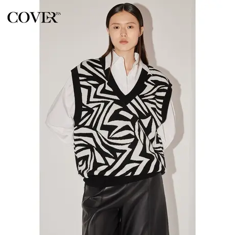 COVER冬季波普斑马纹羊毛毛织衫背心图片