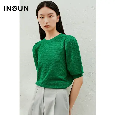 INSUN恩裳线上专选夏季廓形羊毛针织衫镂空泡泡袖图片