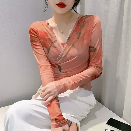 性感网纱交叉褶皱上衣气质减龄扎染印花T恤女长袖时尚修身打底衫商品大图