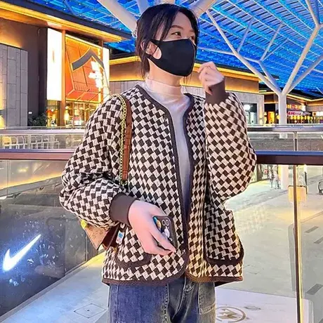 撞色小香风圆领千鸟格短外套女2023年秋季新款高级感编制加厚上衣商品大图