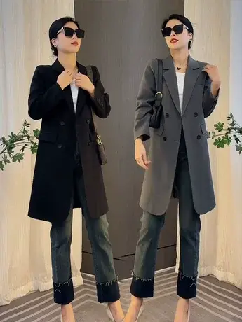 今年流行黑色西装外套女春秋2023新款中长款宽松百搭气质休闲西服商品大图