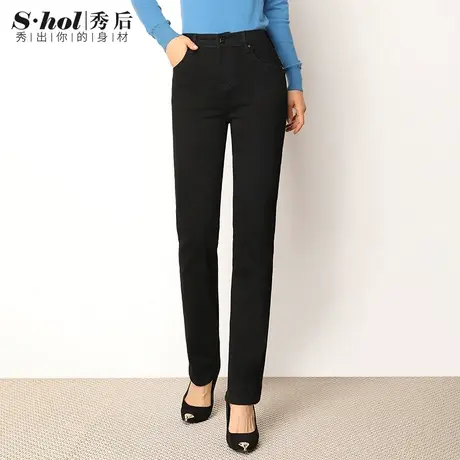 秀后春秋中年妈妈黑色牛仔裤女高腰宽松直筒长裤弹力大码胖MM女裤商品大图