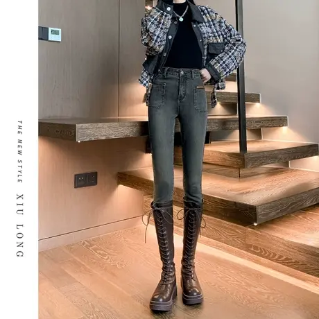 灰色小脚牛仔裤女秋季2023新款高腰修身弹力显瘦小个子女士铅笔裤图片