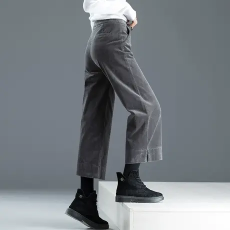 灰色灯芯绒裤子女2023新款高腰阔腿裤女秋冬条绒裤宽松九分直筒裤图片