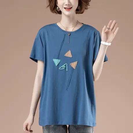 短袖t恤女夏季加肥加大码女装宽松中长款纯棉减龄遮肚子显瘦体恤商品大图