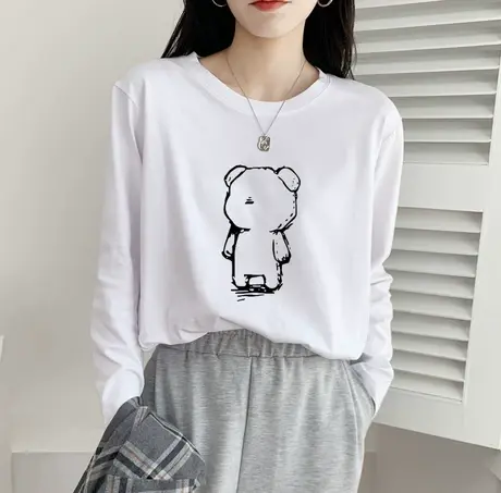 白色长袖t恤女纯棉2022年春夏款宽松韩版百搭学生打底衫外穿上衣图片