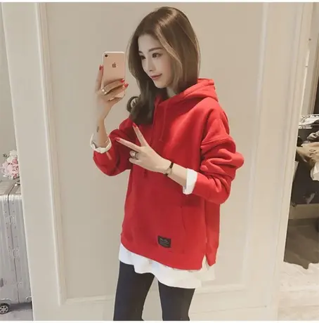 假两件早秋连帽卫衣女加绒加厚超火2024新款宽松上衣秋冬外套ins图片