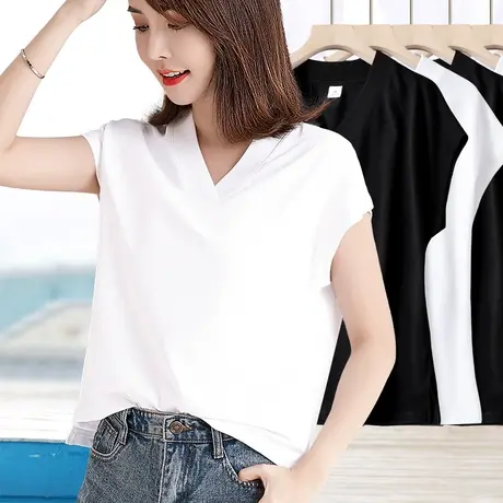 白色v领短袖t恤女夏季新款设计感下摆开叉连肩胖妹妹遮肉宽松上衣商品大图