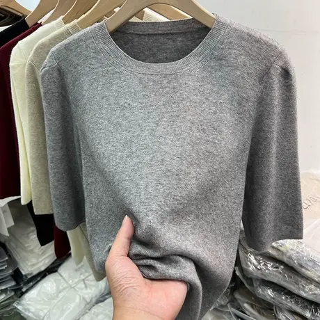 欧货设计感泡泡袖五分中袖针织衫女上衣2023早秋新款时尚洋气毛衣商品大图