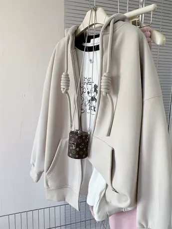 卫衣女加绒加厚秋冬季新款纯色遮臀韩版宽松欧货拉链开衫百搭外套商品大图