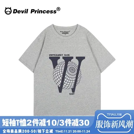 古着感宽松大版灰色短袖t恤女小众街头潮牌百搭半袖纯棉正肩上衣商品大图