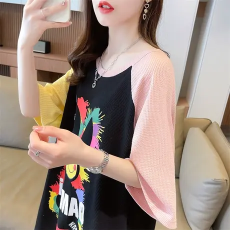 小众设计感短袖t恤女夏季韩版宽松大码中长款小个子撞色半袖上衣图片