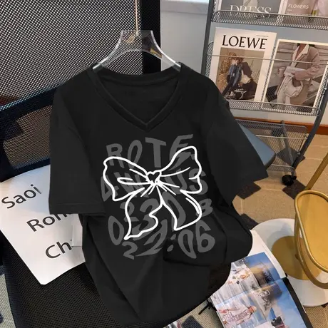 大码纯棉V领短袖上衣女黑色显瘦oversize减龄百搭ins潮半袖t恤女商品大图