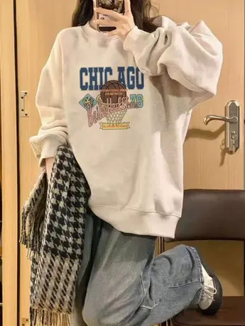 胖mm早秋灰色卫衣女oversize大码宽松显瘦小个子减龄ins潮牌上衣商品大图