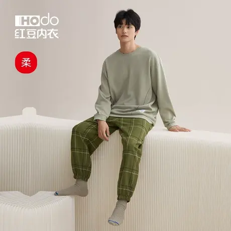 红豆睡衣男休闲套头居家服格子长裤华夫格可外穿2022年家居服套装商品大图