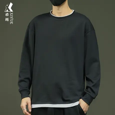 德绒防静电假两件打底衫男秋冬保暖宽松男士大码纯色内搭长袖T恤图片