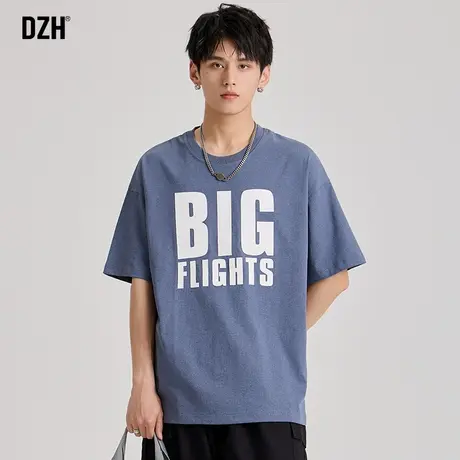 男士蓝色字母t恤男纯棉中性风短袖男款夏季2023新款半袖衣服宽松商品大图