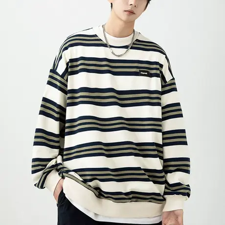 男生美式条纹卫衣男春秋款潮牌高级感2024新款长袖圆领上衣慵懒风图片