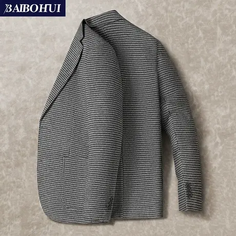 秋冬新款千鸟格西装外套男士潮流休闲修身时尚羊毛呢子小西服上衣图片