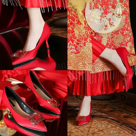 结婚鞋2024年新款水钻尖头秀禾高跟鞋女细跟婚纱鞋红色中跟新娘鞋商品大图
