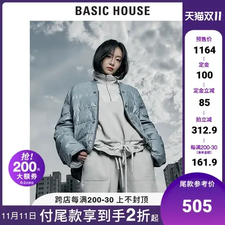 Basic House/百家好2021冬黑色宽松V领轻薄羽绒服外套女HVDJ728C图片