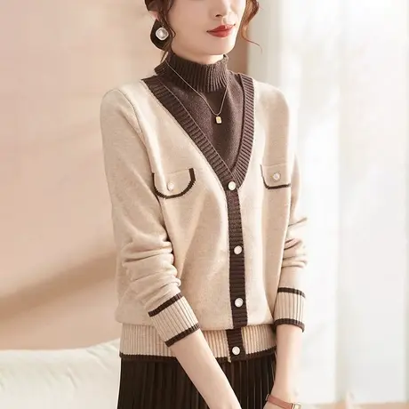 2023年新款女装时尚大码胖mm修身显瘦上衣设计感假两件针织毛衣女图片