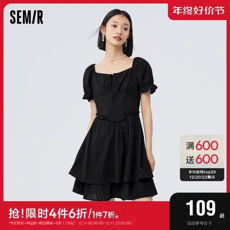 森马连衣裙女设计感绑带木耳边2023夏新款复古法式方领短裙宫廷风商品大图