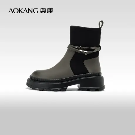 奥康女鞋 冬季气质复古真皮时尚切尔西靴厚底骑士靴弹力靴商品大图