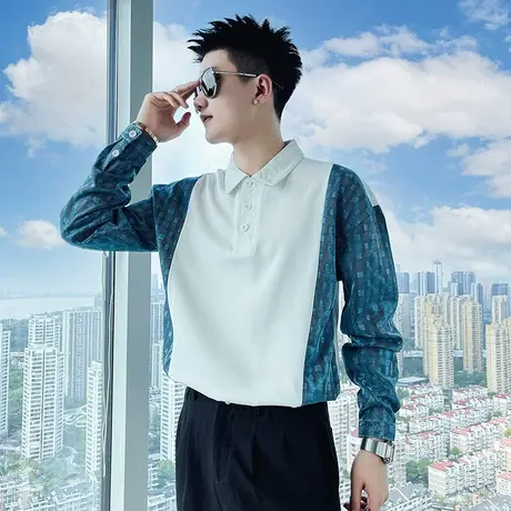 秋季潮牌拼色拼接时尚休闲长袖衬衣潮流发型师套头男个性学生衬衫商品大图