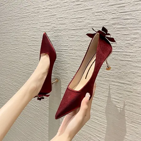 酒红色高跟鞋女细跟2024年新款尖头水钻蝴蝶结单鞋婚鞋新娘鞋礼服商品大图