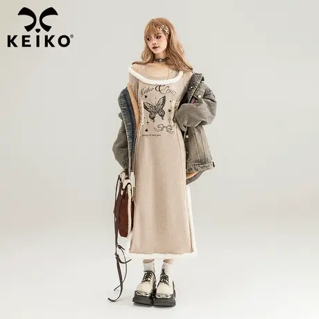 KEIKO 大U领绑带收腰针织连衣裙早春甜辣妹印花修身显瘦包臀长裙图片