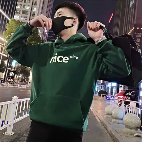 ins潮牌绿色连帽卫衣男春秋季痞帅长袖t恤2023新款春装重磅外套潮商品大图