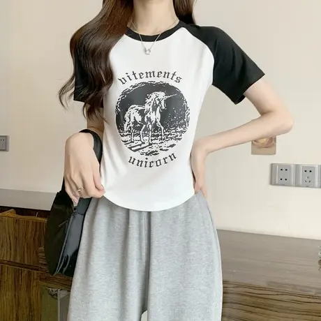 短款螺纹t恤女短袖正肩辣妹修身夏学生设计感小众甜美小个子上衣商品大图