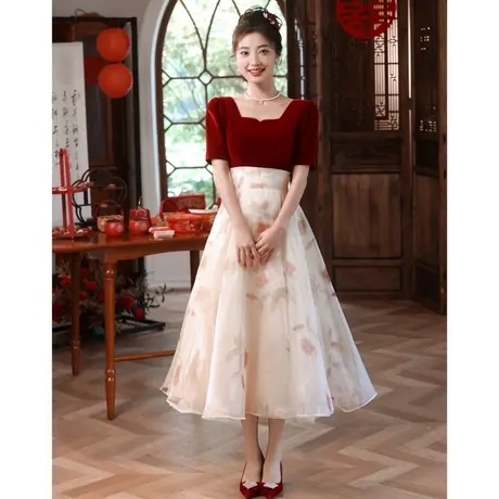敬酒服2023新款新娘法式拼接回门订婚礼服女夏季红色连衣裙蓬蓬裙商品大图
