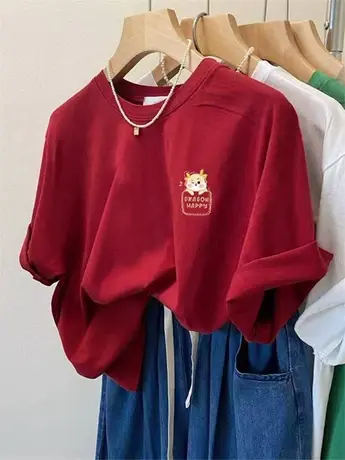 东大门2024龙年新年红色t恤女短袖正肩宽松纯棉上衣圆领减龄体恤商品大图