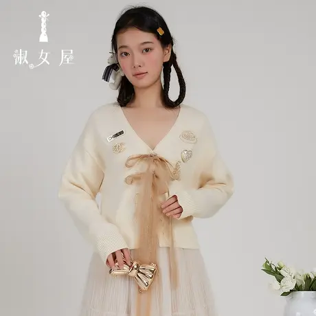 淑女屋旗舰店官网正品2021冬季新品金粉公主慵懒风v领蝴蝶结毛衣图片