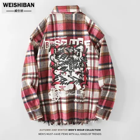 潮牌小众刮烂毛边红格子长袖衬衫男美式复古宽松情侣涂鸦宽松外套图片