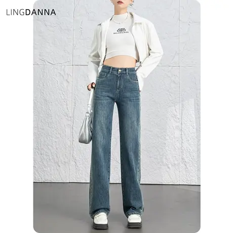 怀旧复古高腰直筒牛仔裤女2024年新款春秋女裤显瘦裤子窄版阔腿裤图片