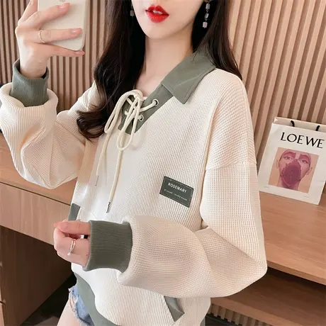 早春polo领卫衣女春秋季韩版宽松薄款小个子华夫格假两件上衣外套图片