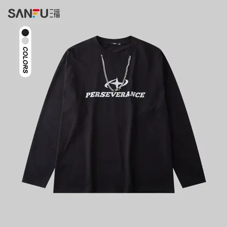 三福2024春季男士潮流项链长T恤 街头圆领纯棉上衣男482366商品大图