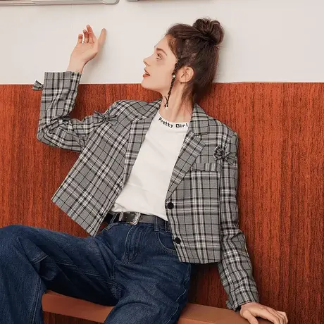 a022024春款英伦甜酷学院风显瘦百搭格子气质女式西服图片