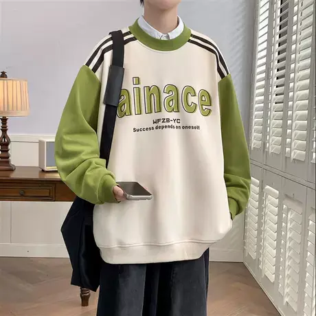 春秋季2024新款圆领长袖卫衣男美式复古重磅大码上衣拼接撞色外套商品大图