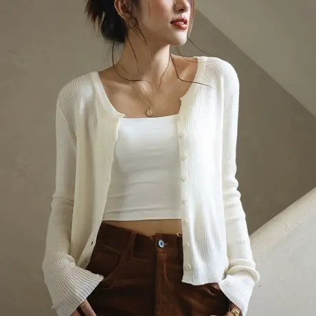 针织开衫女羊毛外搭上衣2024新款春秋季圆领长袖打底毛衣薄款外套图片
